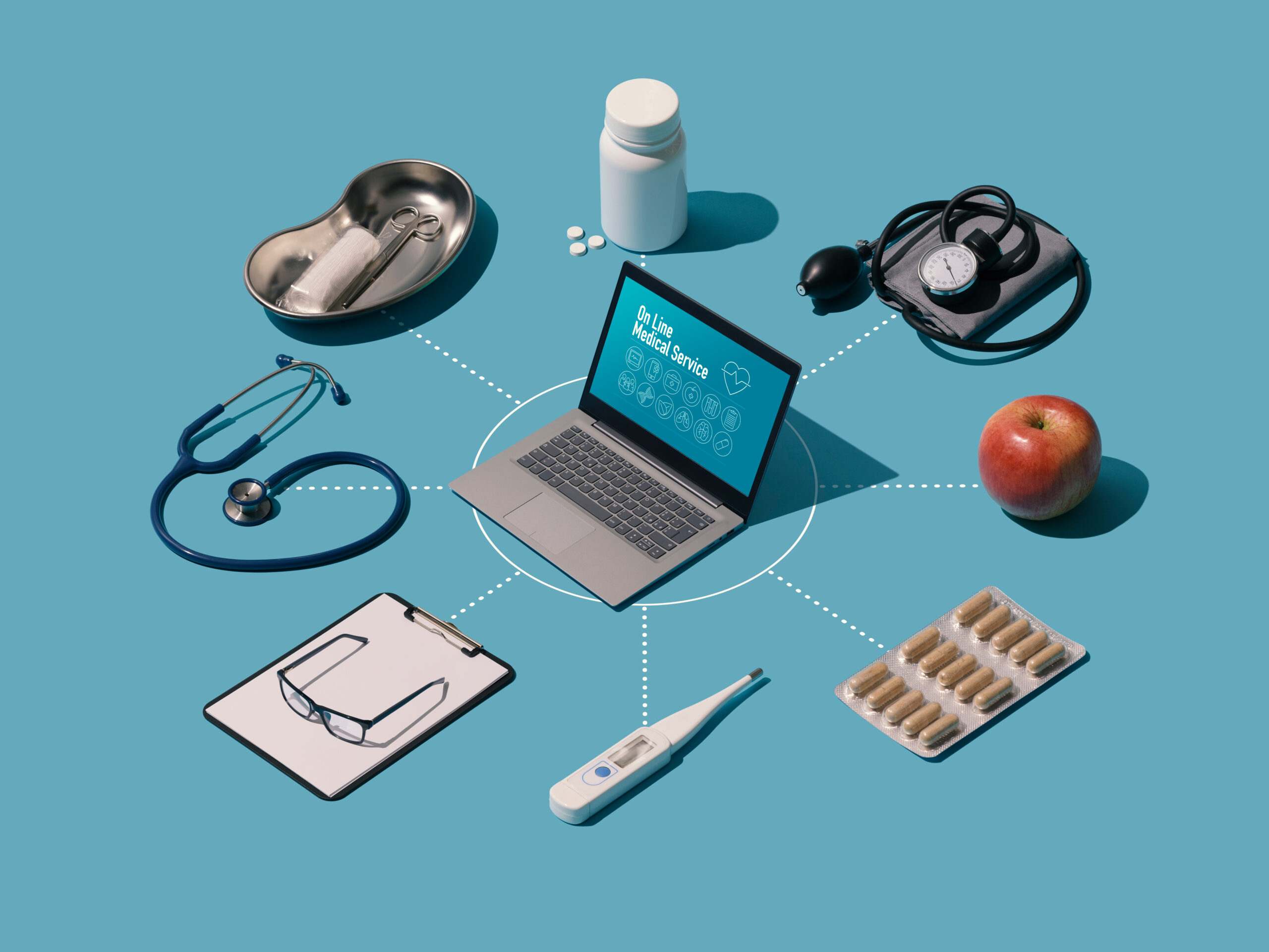 Health insurance, Isometric healthcare infographic with connected laptop and medical equipment, online medical consultation concept